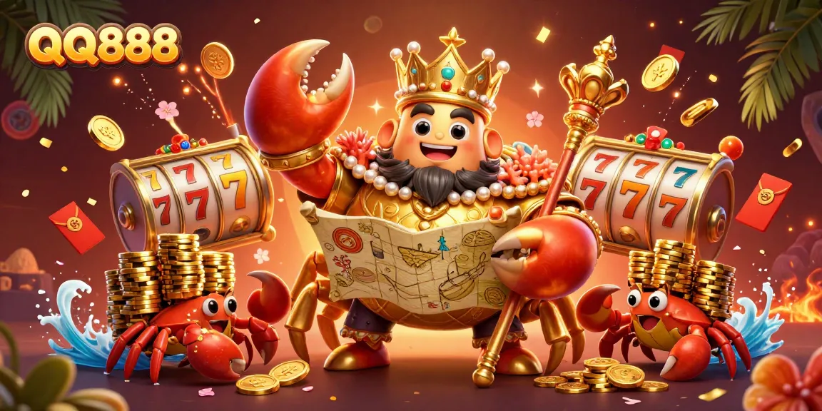 Experience thrilling gameplay at QQ888 with a vibrant 3D casino illustration featuring games and gold!