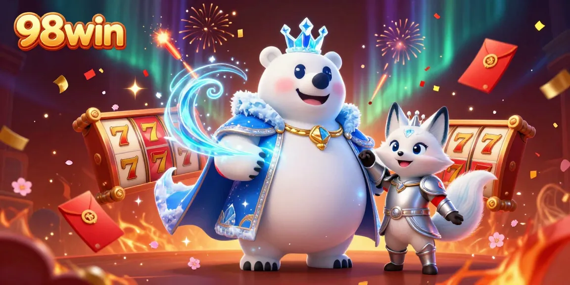 Experience the excitement of 98win with a vibrant 3D casino illustration featuring fun characters and game elements.