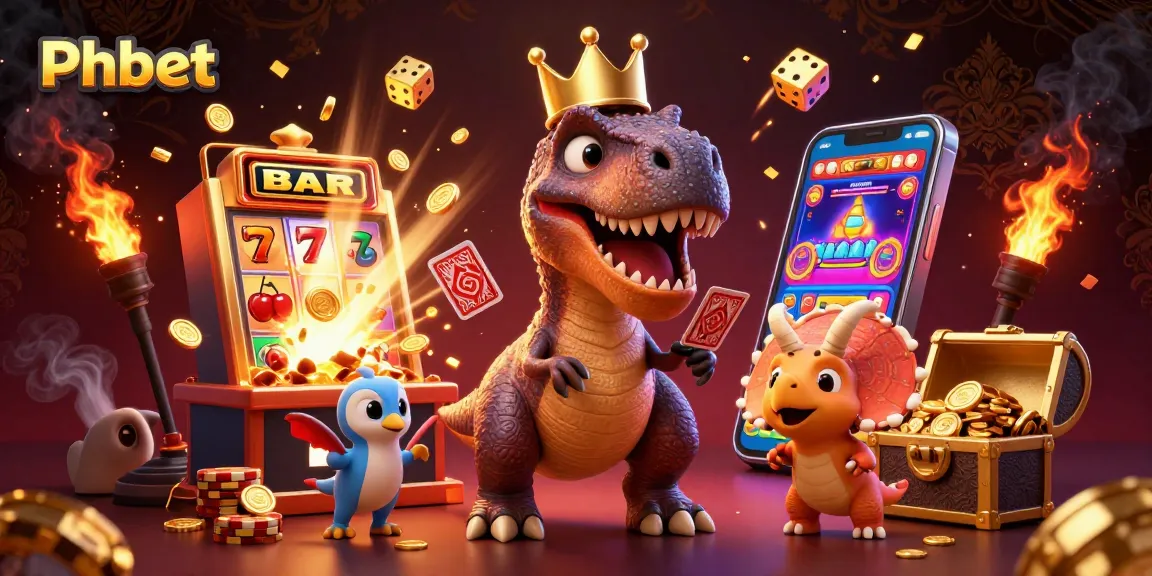 Phbet showcases an engaging scene with a T-Rex, pterodactyl, and triceratops in a dynamic casino atmosphere.